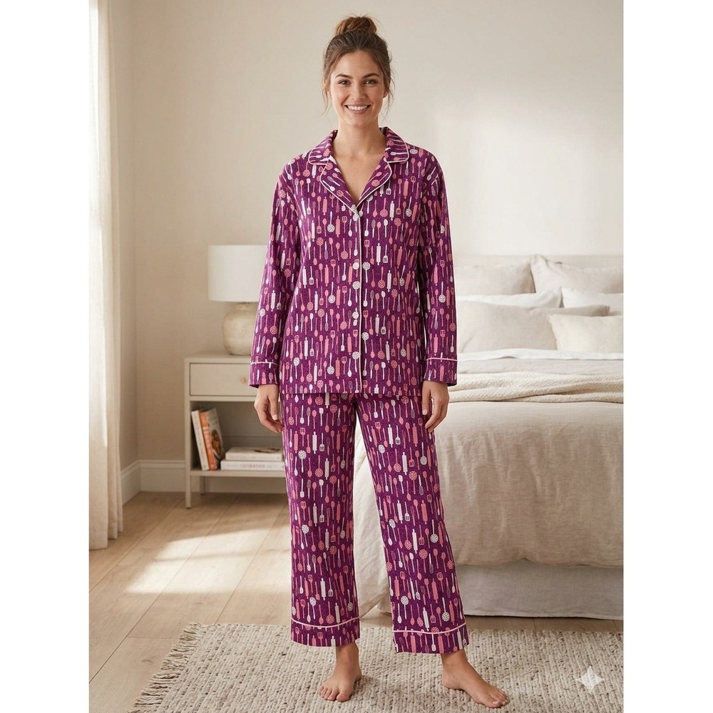 BedHead Pajamas Womens XL Purple Cotton Kitchen Utensil Print Pajama Set 2 Piece